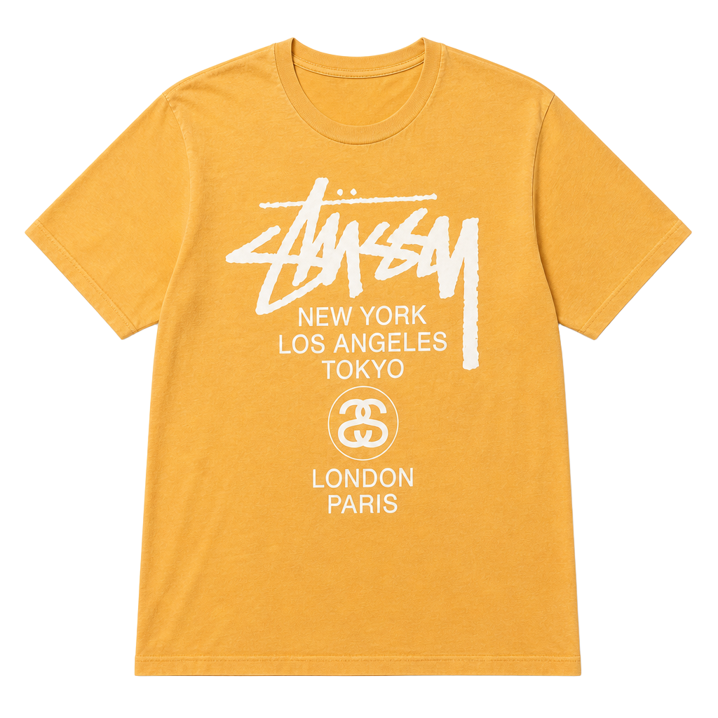 Stussy World Tour Graphic Short Sleeve T-Shirt Yellow Mustard Size M 1
