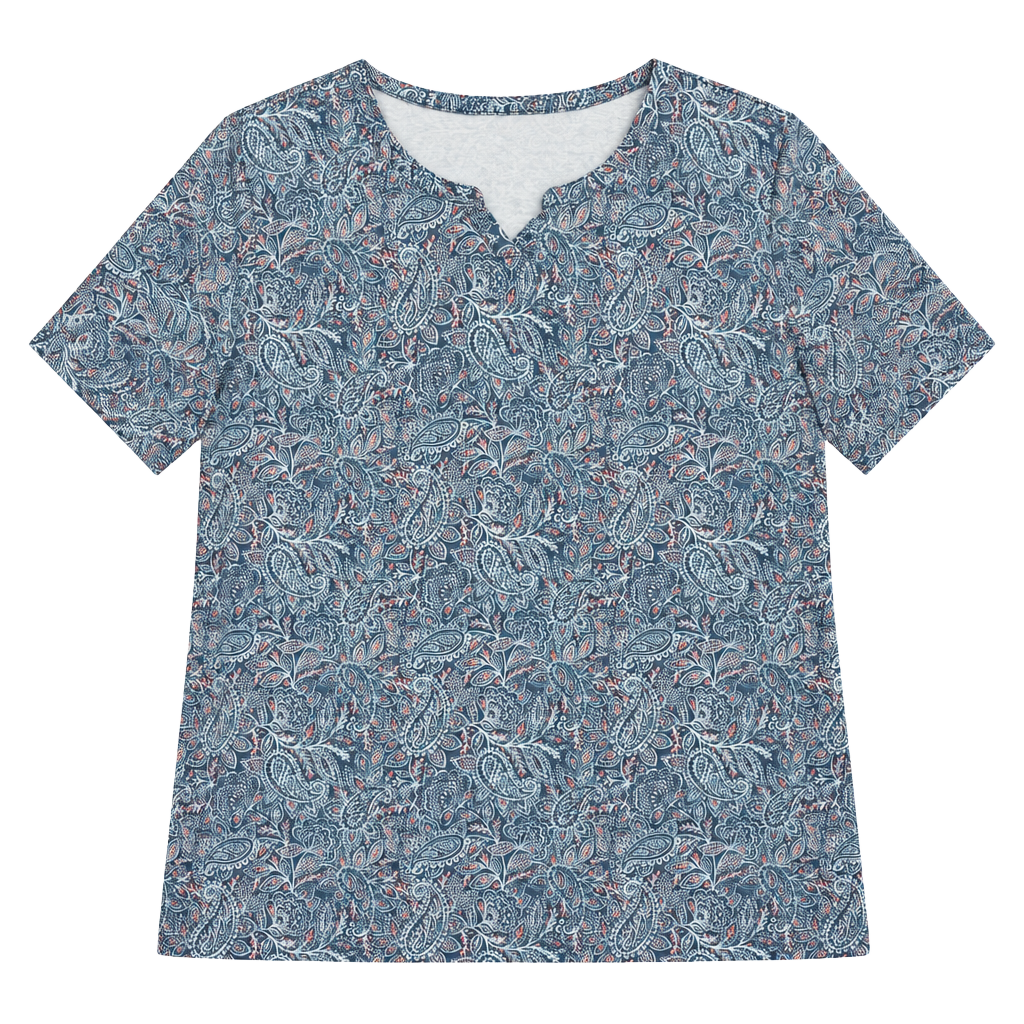 L.L.Bean Split Neck Tee Size 2X-Plus Blue Paisley Supima Cotton 1