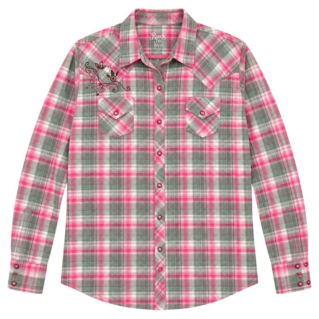 Rock 47 by Wrangler Western Plaid Shirt Size XL Pink Green Embroidered 1