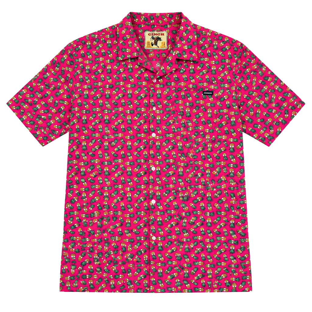 Cinch Pink Pineapple Print Short Sleeve Button Down Shirt Size L 1