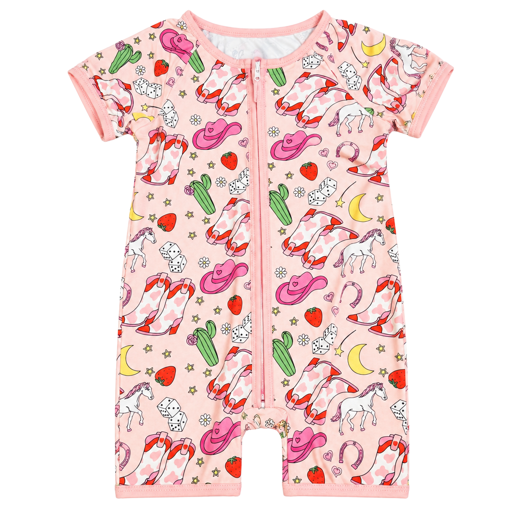 Weiwei Baby Romper Size 6-12M Pink Cowboy Boot Print Zippy Shortie 1