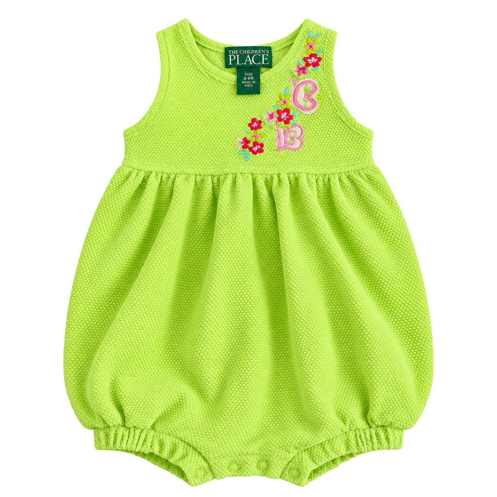 The Children's Place Neon Green Waffle Knit Romper with Butterfly Embroidery 1