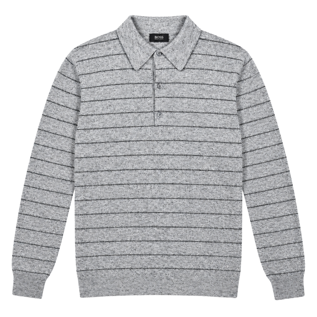 Hugo Boss Striped Knit Polo Sweater Size 50 Gray Long Sleeve Made in Italy 1