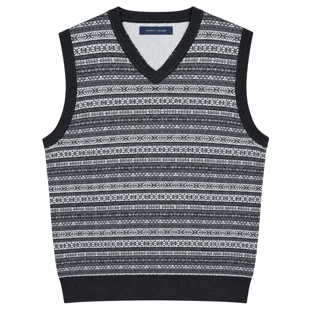 Tommy Hilfiger Fair Isle Sweater Vest Size M Gray Cotton V-Neck 1