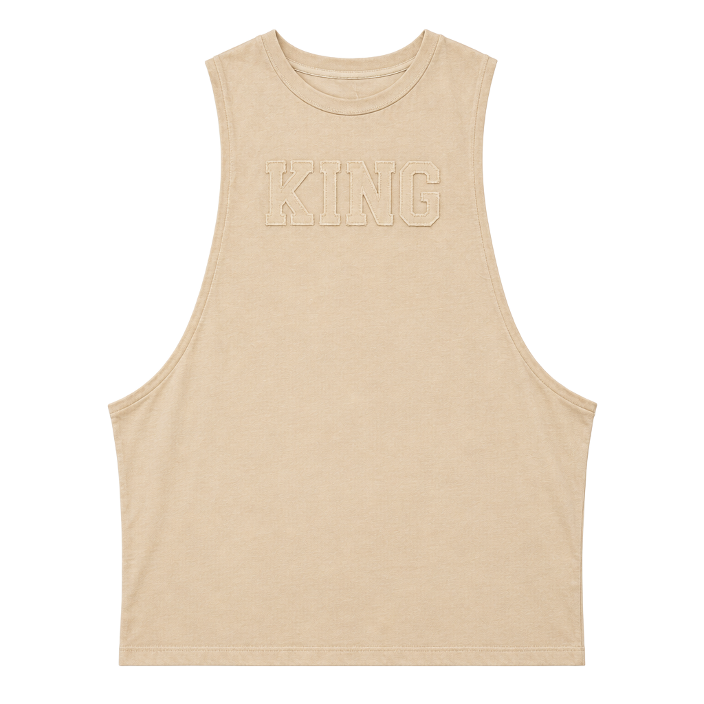 Unbranded King Embroidered Tank Top Beige Sleeveless Muscle Tee 1