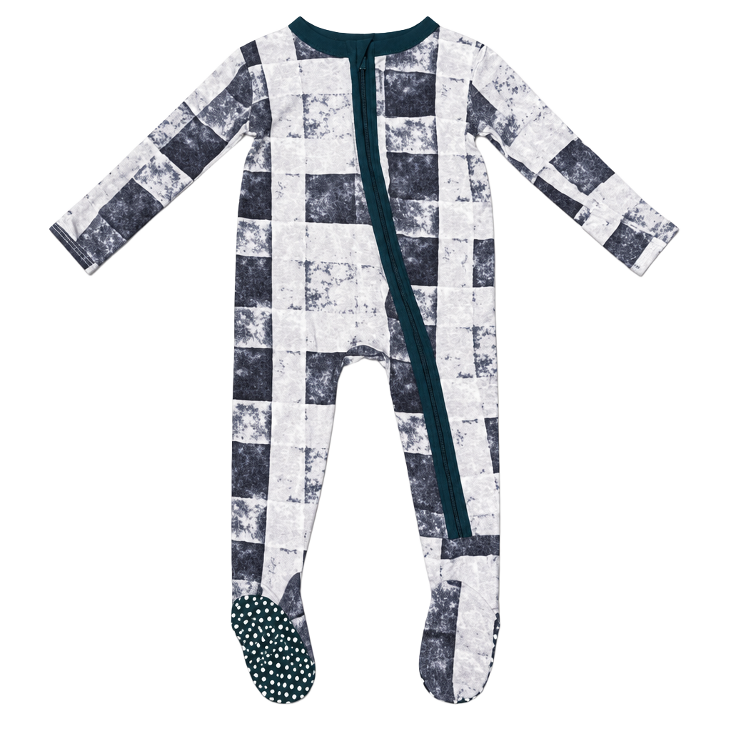 Posh Peanut Blue and White Checkered Pattern Footed Pajamas 0-3 Months 1