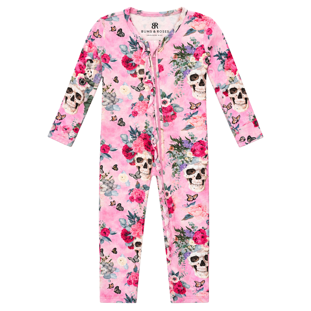Bums & Roses Romper Size 0-3 Months Pink Floral Skull Ruffle 1