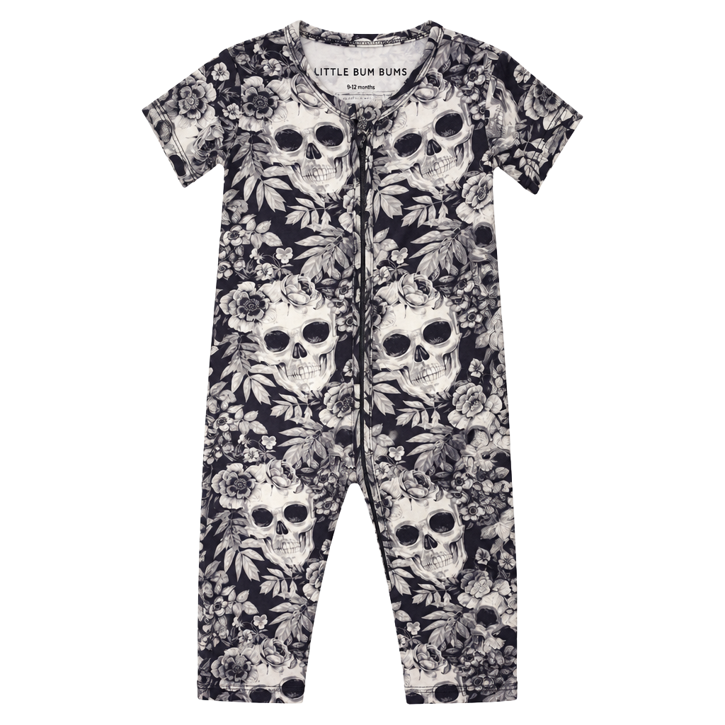 Little Bum Bums Short-Sleeve Size 9-12 Months Black White Floral Skull Romper 1