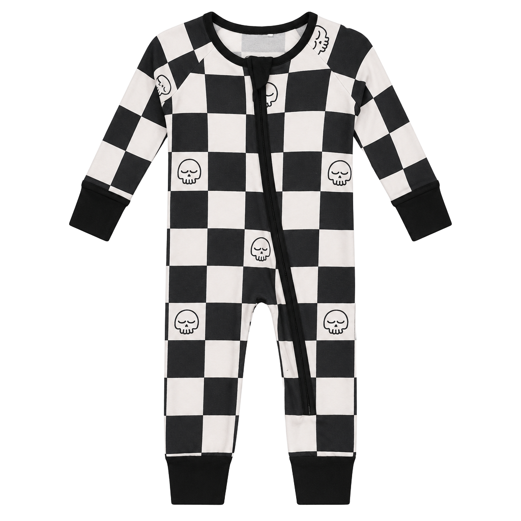 Lazy Bones Footed Sleeper NB Black White Skull Checkered 1