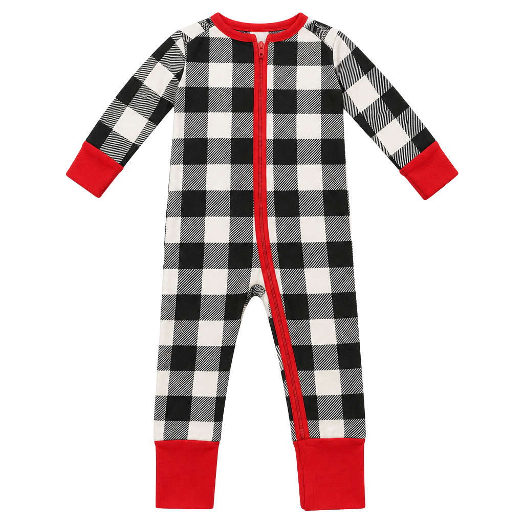 3-6 m Little Sleepies Pajama Set Black White Plaid Red Zipper Long Sleeve Footed 1