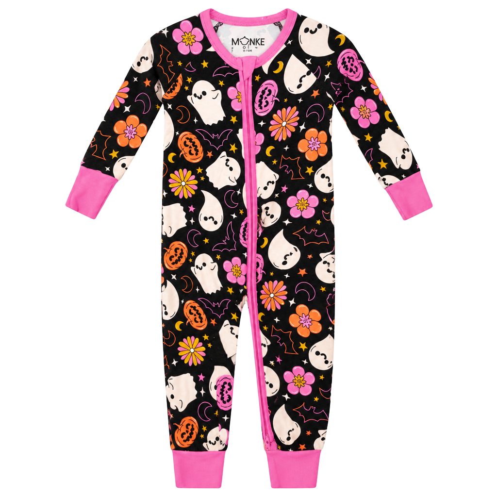 Monkee Roos Halloween Romper Size 0-3M Ghost Pumpkin Print Bamboo Zippy 1