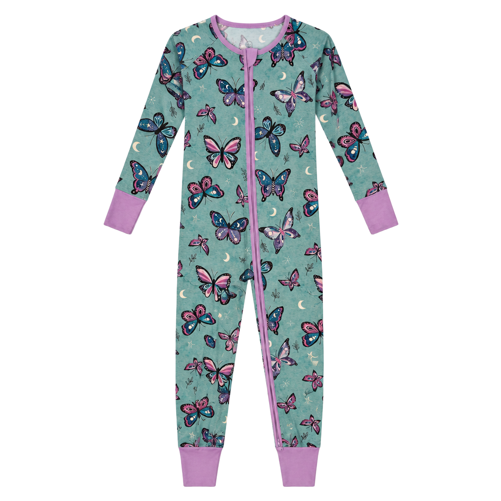 Lazy Bones 2way Zipper Pajama Convertible Foot Blue Purple Butterfly Size 18-24M 1