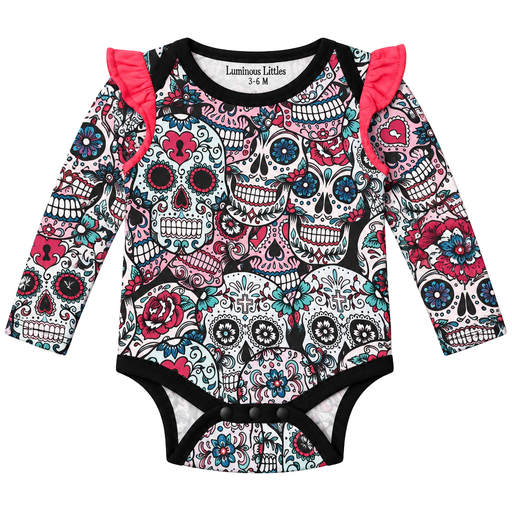 Luminous Littles Bodysuit Size 3-6 M Sugar Skull Long Sleeve Ruffle 1