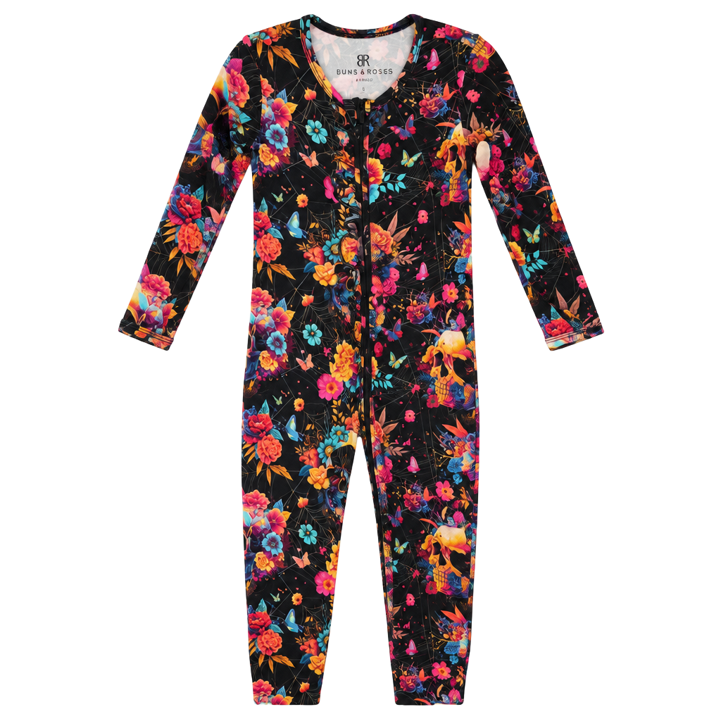 Bums & Roses Frida Skuhlo Ruffle Romper Size 9-12 Months Black Floral 1