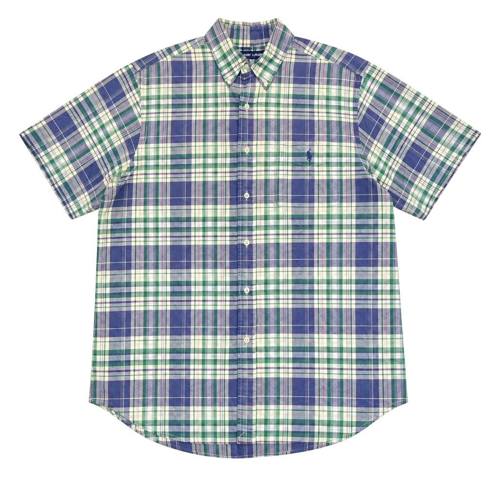 Ralph Lauren Sport Plaid patterned green and blue Short Sleeve button up dress Shirt 1