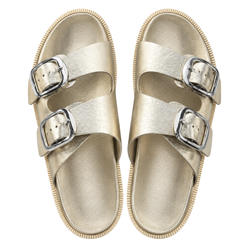 Mia Double Buckle Slide Sandals Size 7.5 Gold Metallic 1