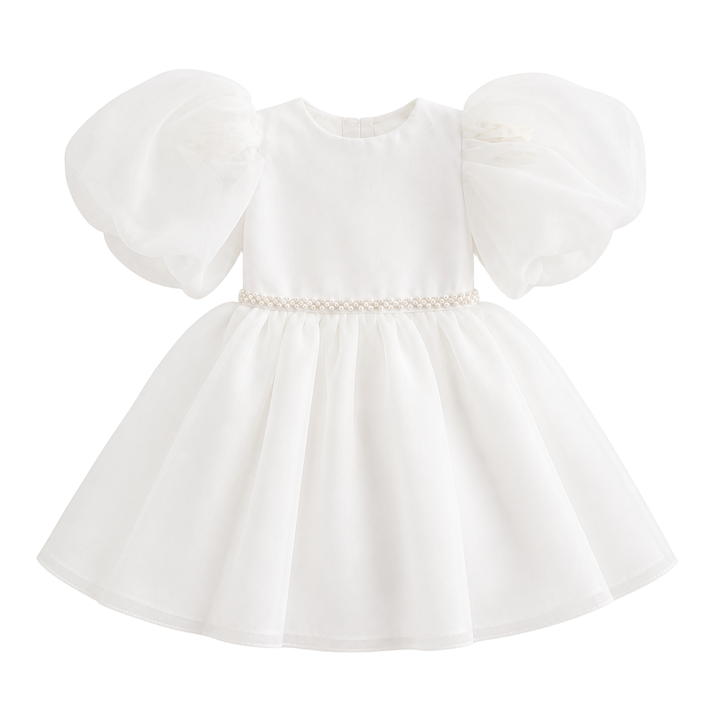 Girls White Puff Sleeve Dress with Pearl Belt flower girl 1