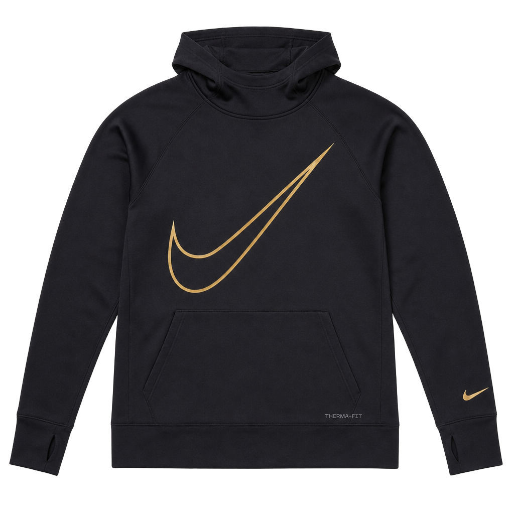 Nike Therma-FIT Black and Gold Swoosh Performance Hoodie with Thumbholes 1