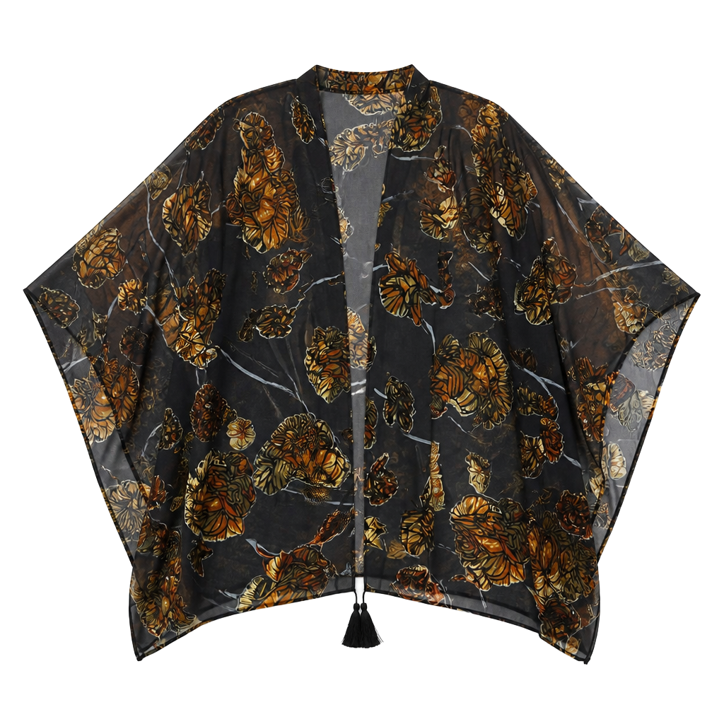 Japna Black Velvet Burnout Floral Sheer Kimono Cardigan with Tassels 1