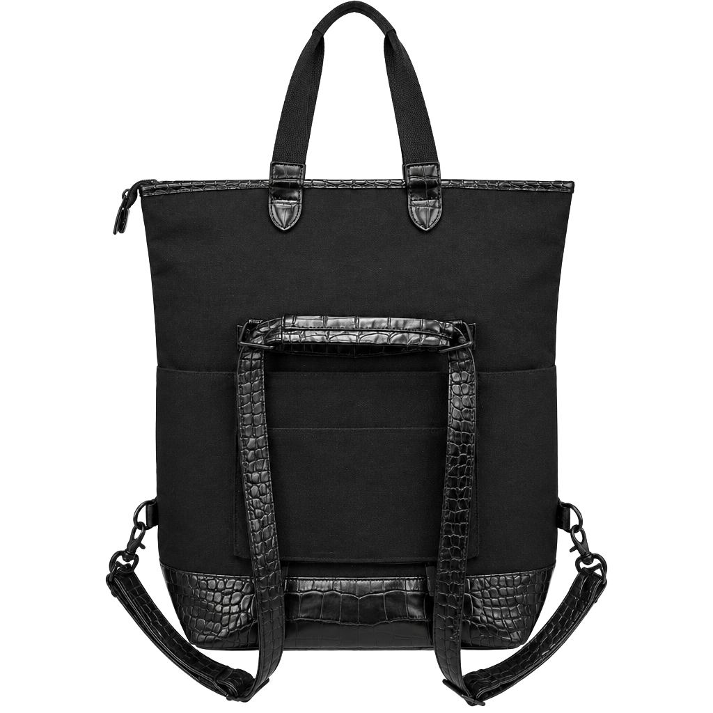 Béis Convertible Foldover Faux Croc Backpack Black Canvas 1