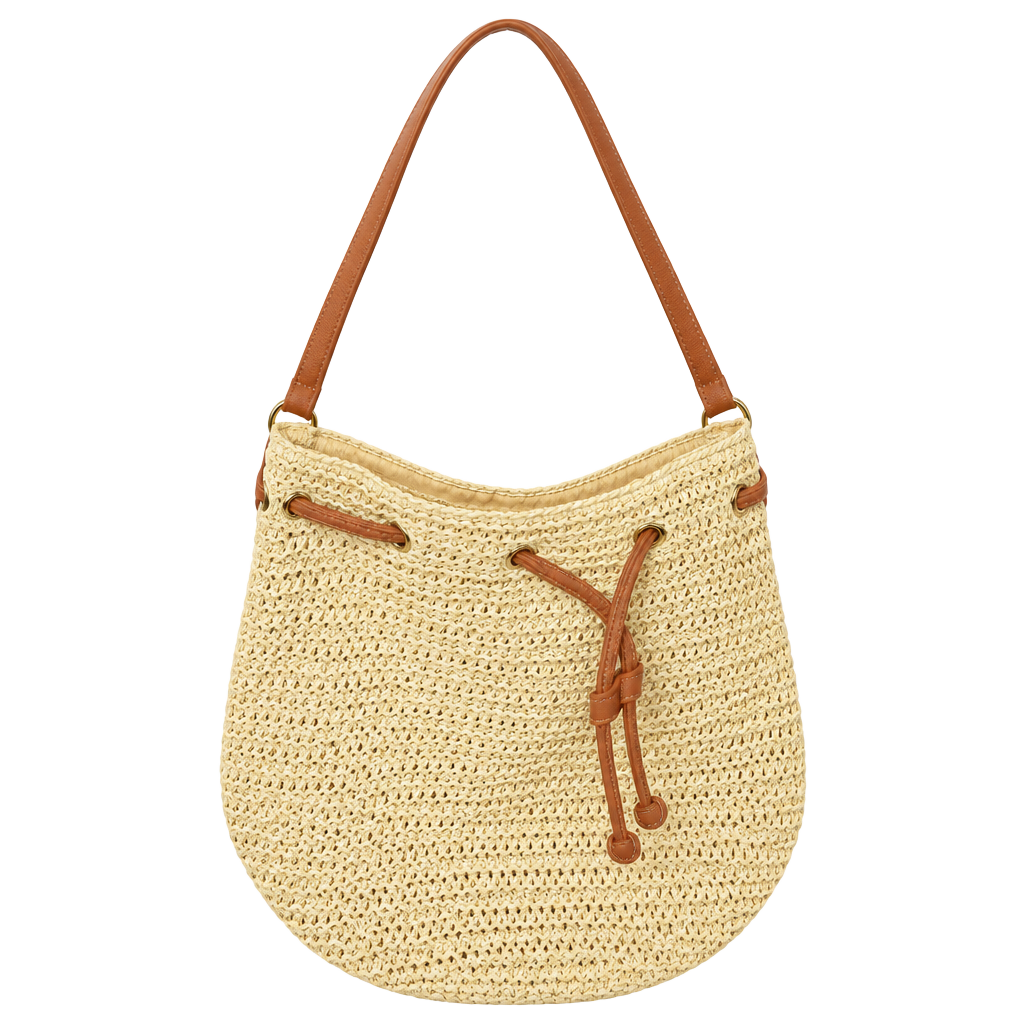 Montce Straw Bucket Bag Tan Leather Drawstring Crossbody Purse 1