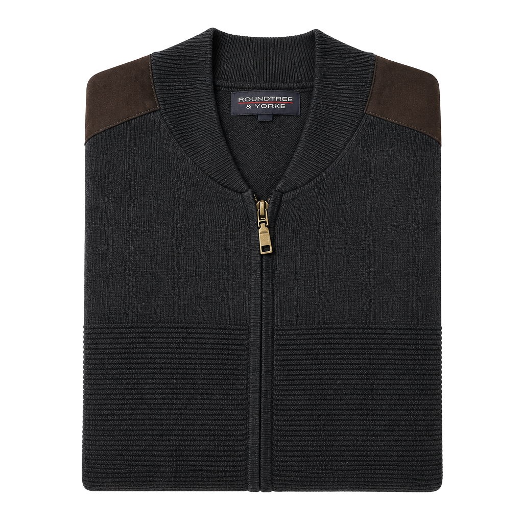 Roundtree & Yorke Men's Full-Zip Ribbed Cardigan Sweater vest with Shoulder Patches and pockets. Size L zip front 1
