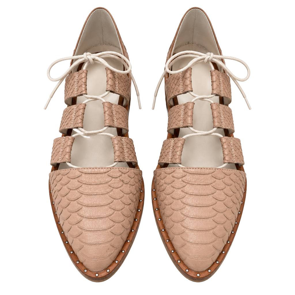 Freda Salvador Lace Up Snake Leather Flats Beige Brown Sandals 1