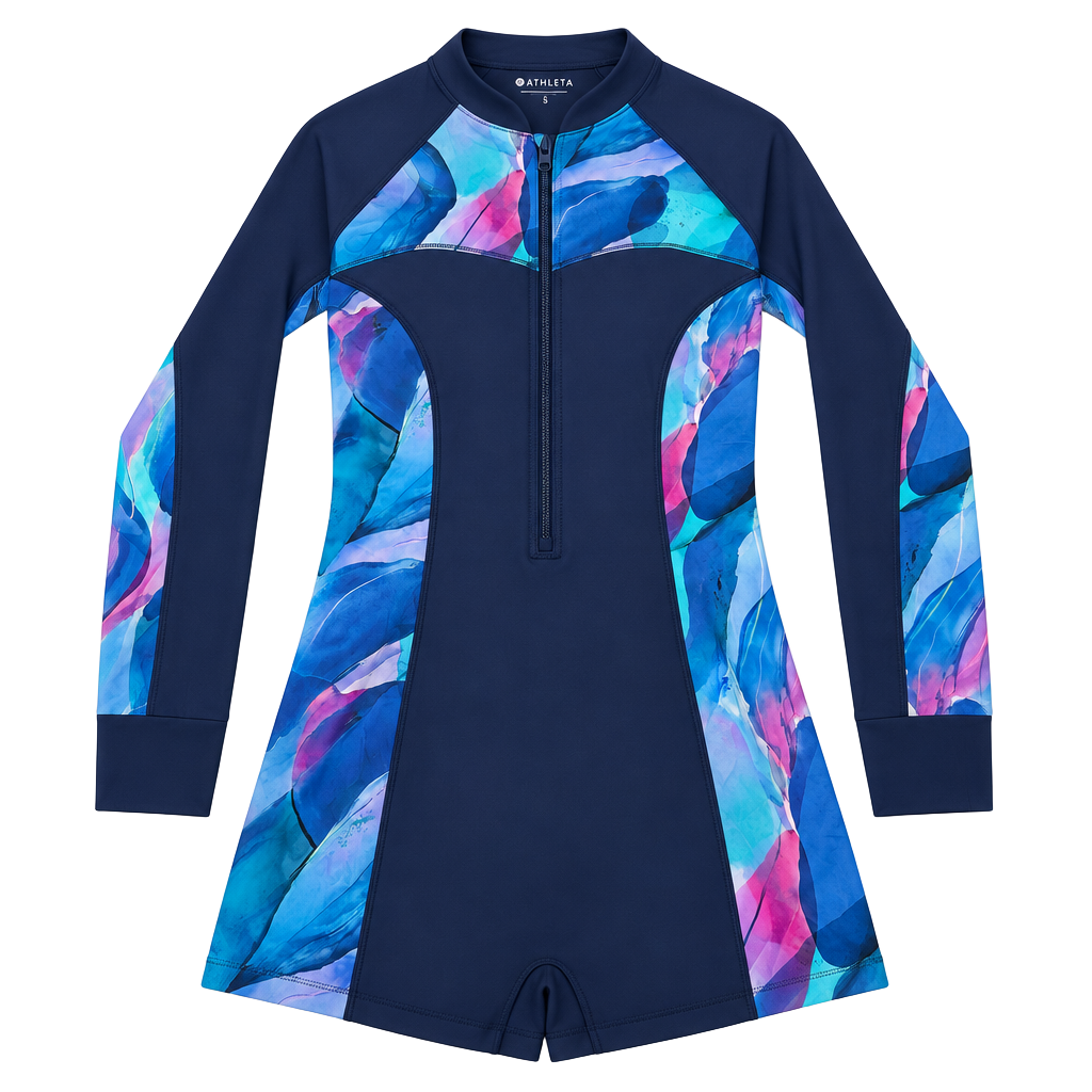 Athleta Modern Coverage Printed Long Sleeve One Piece Swimsuit Size M Navy Blue 1