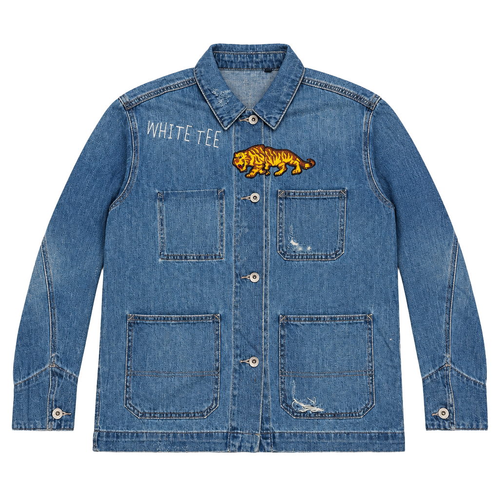 Work-Force Gap Jeans Denim Jacket Size M Tall Blue Tiger Patch White Tee 1