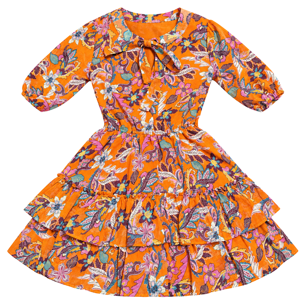 Jessica Simpson Dress Size XS Orange Floral Tiered Ruffle Mini 1