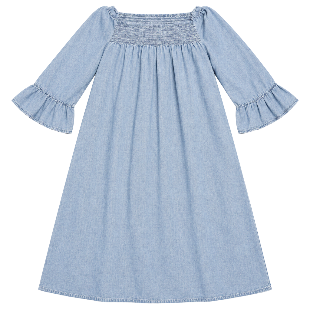 New Directions Smocked Denim Dress Size XL Light Blue Chambray Off Shoulder 1