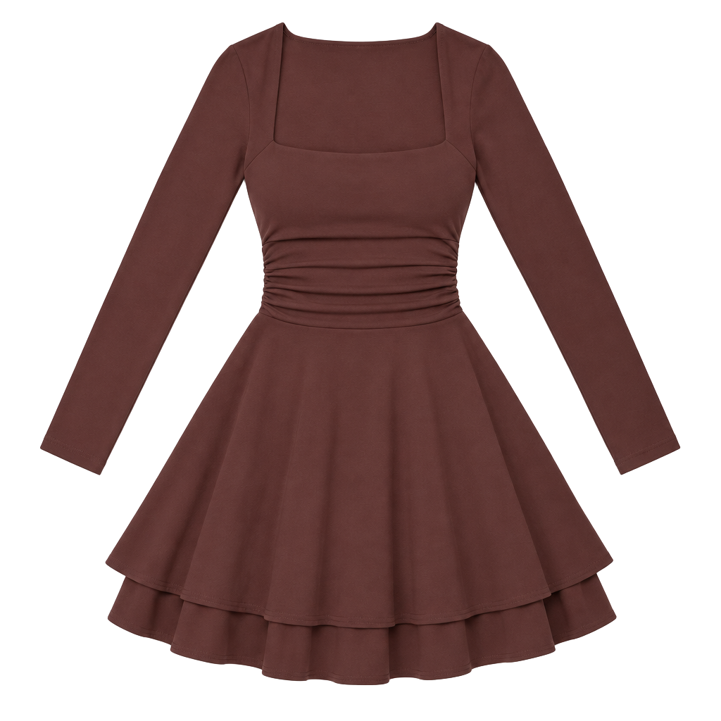 Women Square Neck Long Sleeve Ruched Waist Ruffle Hem Mini Dress Brown 1