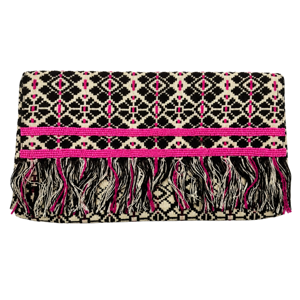Roller Rabbit Woven Geometric Pattern Clutch with Fringe Detail 1