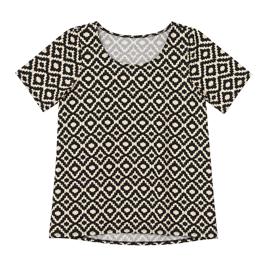 New Directions Women's Black and Cream Geometric Print Short Sleeve Sharkbite Hem Tunic Top 1