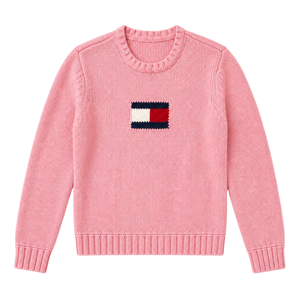 Vintage Tommy Hilfiger Pink Crewneck Knit Sweater with Embroidered Flag Logo 1