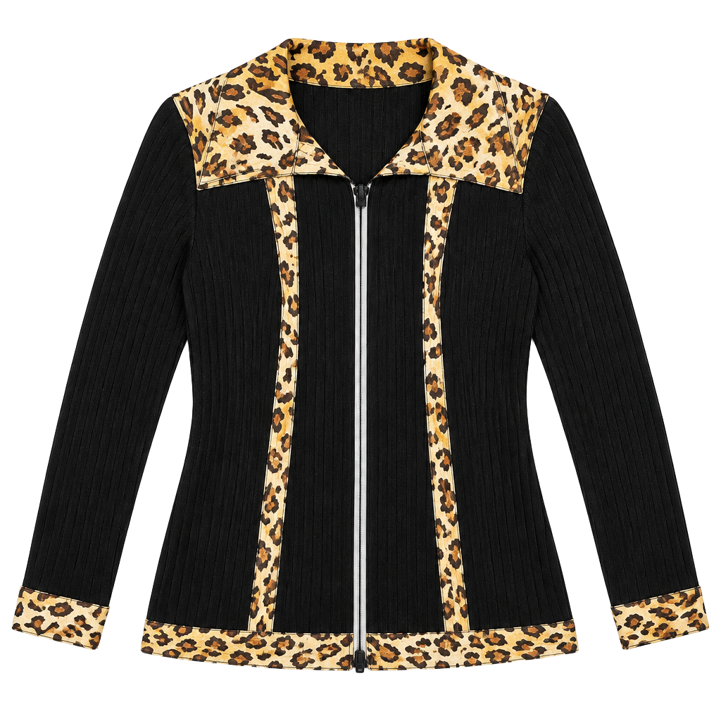 Belldini Zip Cardigan Black Leopard Trim Size L 1