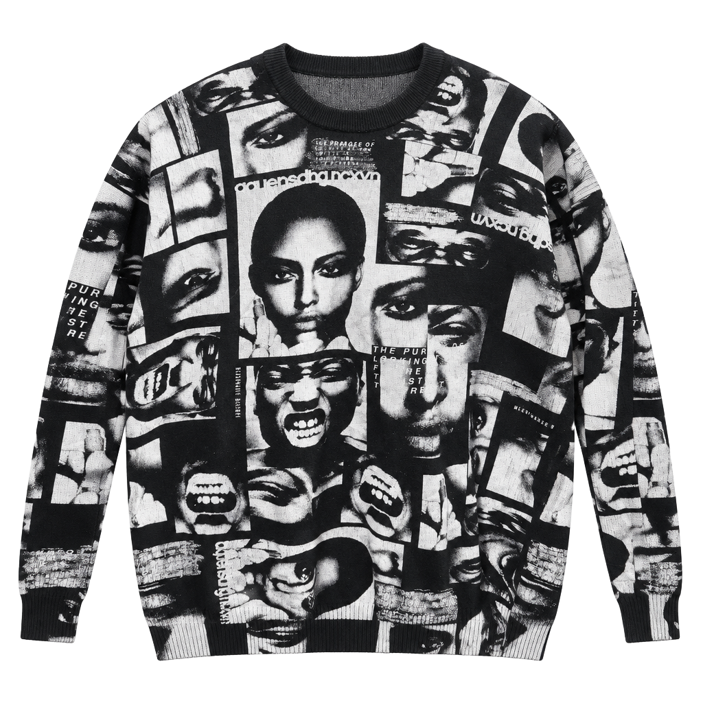 Zara Collage Face Print Knit Sweater Size M Black White 1