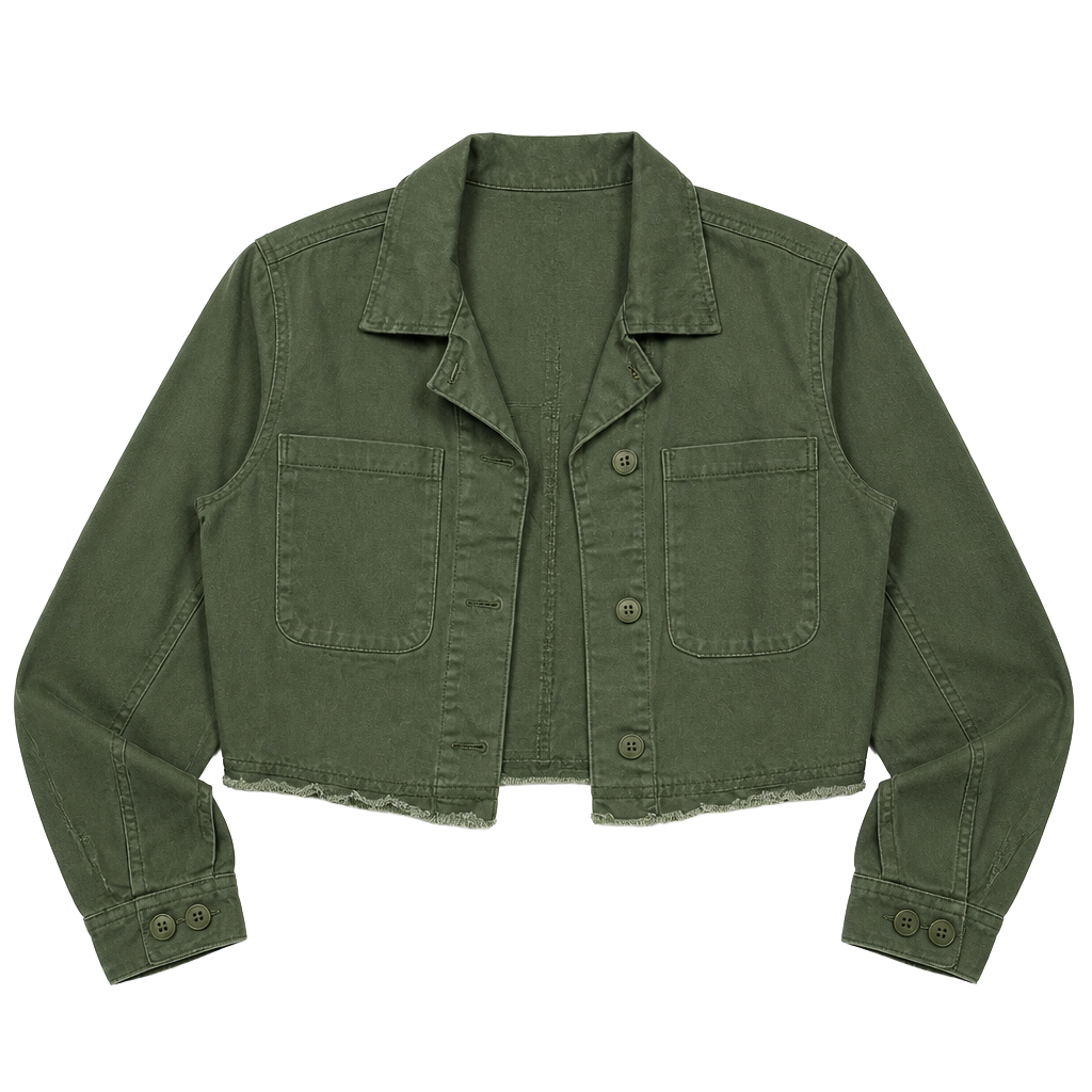 Sanctuary Olive Green Cropped Utility Denim Jacket with Frayed Hem 1