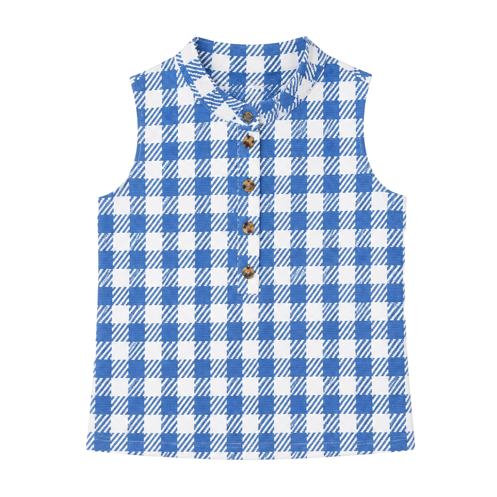 Ann Taylor Petite Blue and White Gingham Ruffle Neck Sleeveless Knit Top XL 1