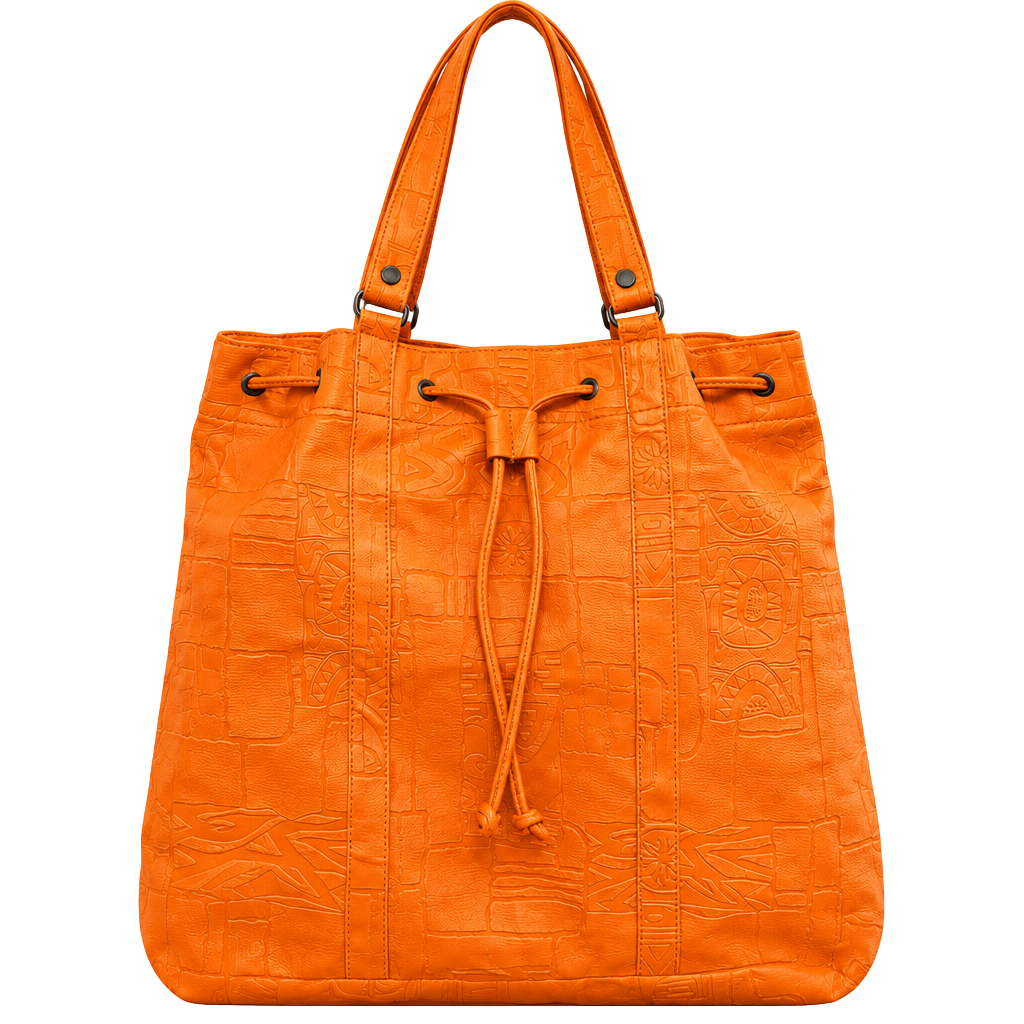 Vintage Embossed Leather Drawstring Tote Shoulder Bag Orange Hieroglyphics 1