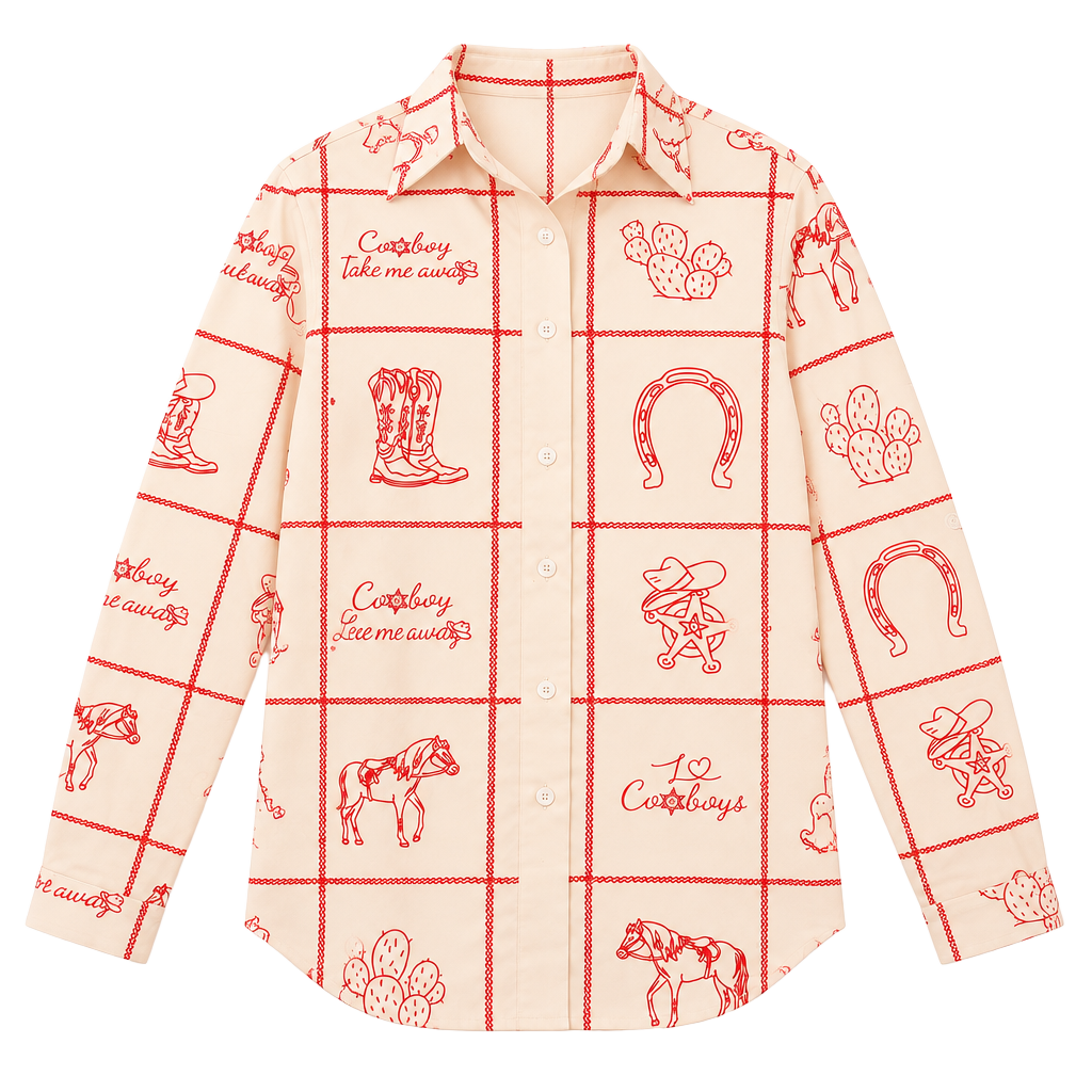 Mymore Cowboy Western Print Button Down Shirt Size S 1