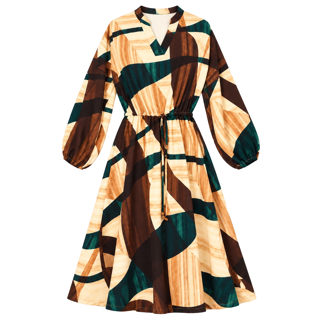 Lildy Printed Drawstring Waist Dress Size S-M Geometric Midi 1