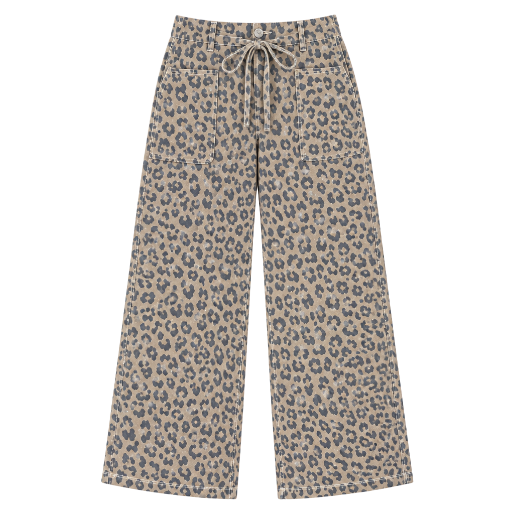 Leopard Printed Drawstring Waist Pocketed Wide Leg Jeans ..., 1