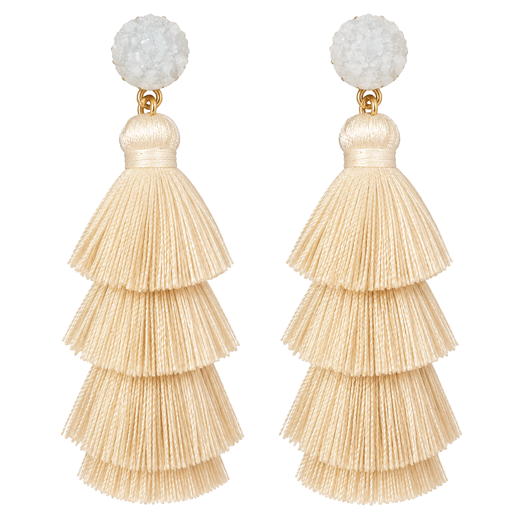 Pave Envy White Druzy Stone And Triple Tier Tassel Drop Earrings 1