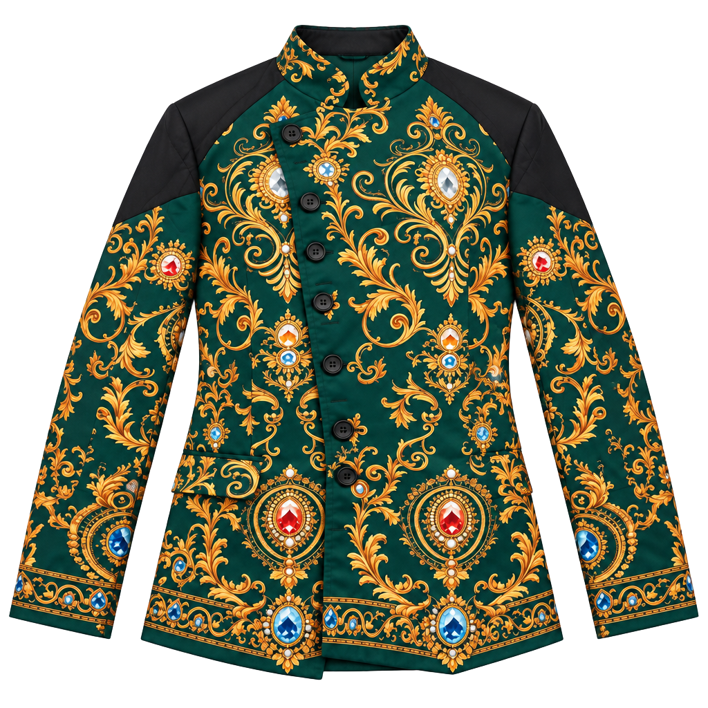 Baroque Print Mandarin Collar Blazer Green Gold Jacket 1