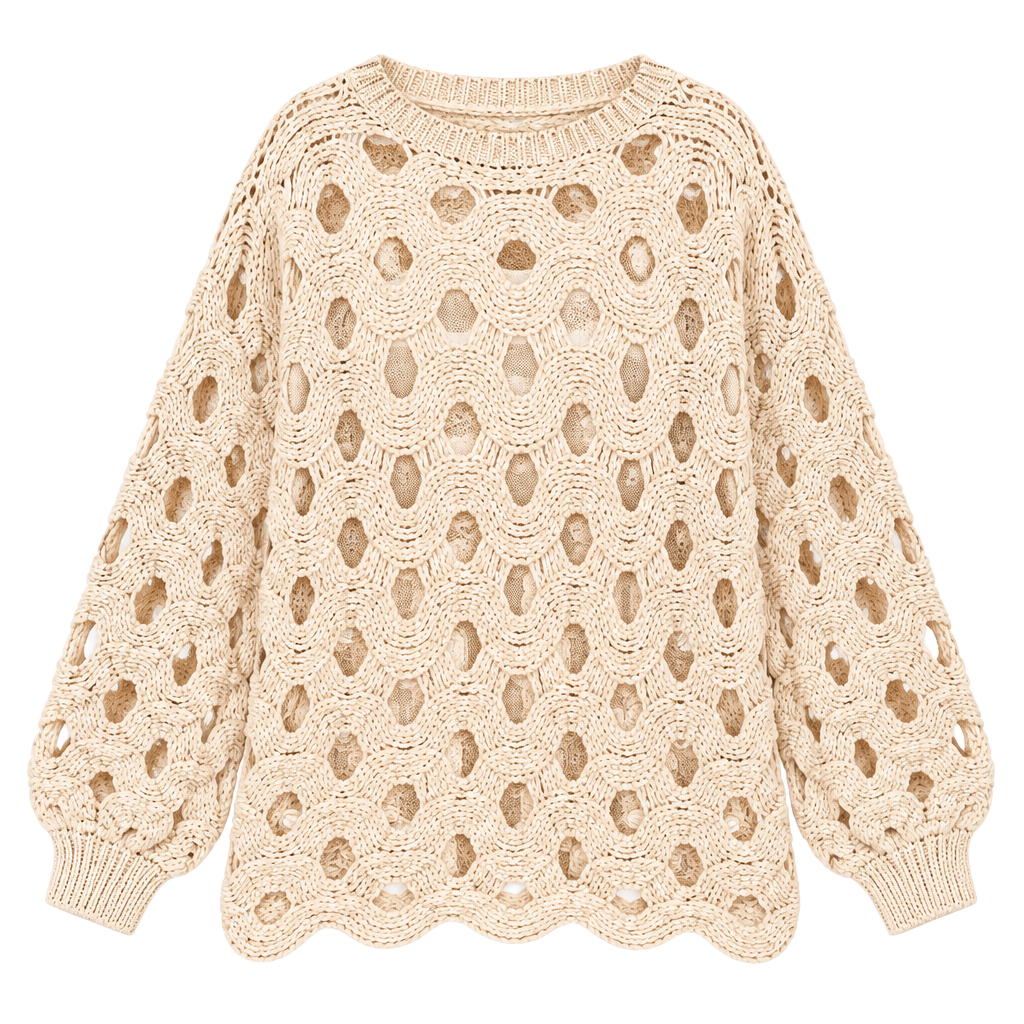 LovLov Chunky Crochet Knit Sweater Size L Beige Cut Out Pullover 1
