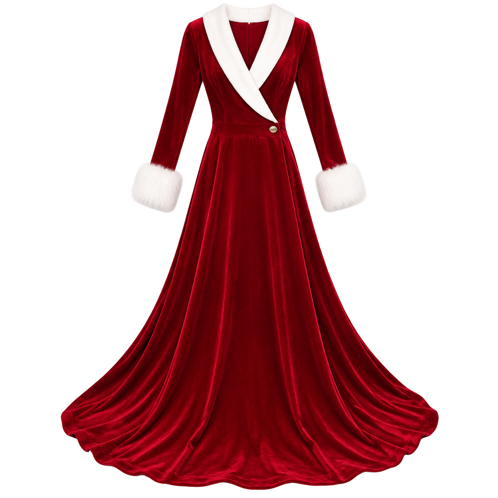 Vintage Red Velvet Mrs Claus Christmas Costume Dress White Fur Trim 1