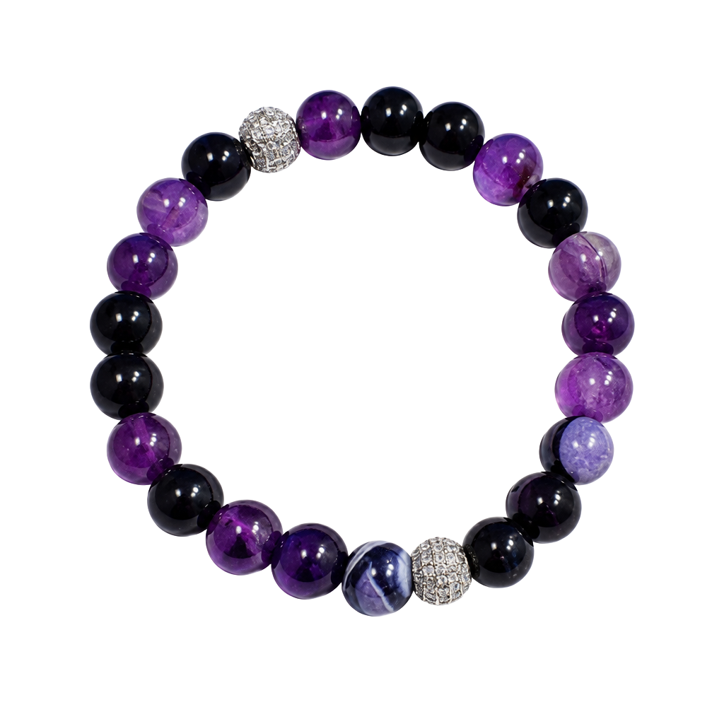 Amethyst and Black Onyx Beaded Bracelet with Silver Accents 1