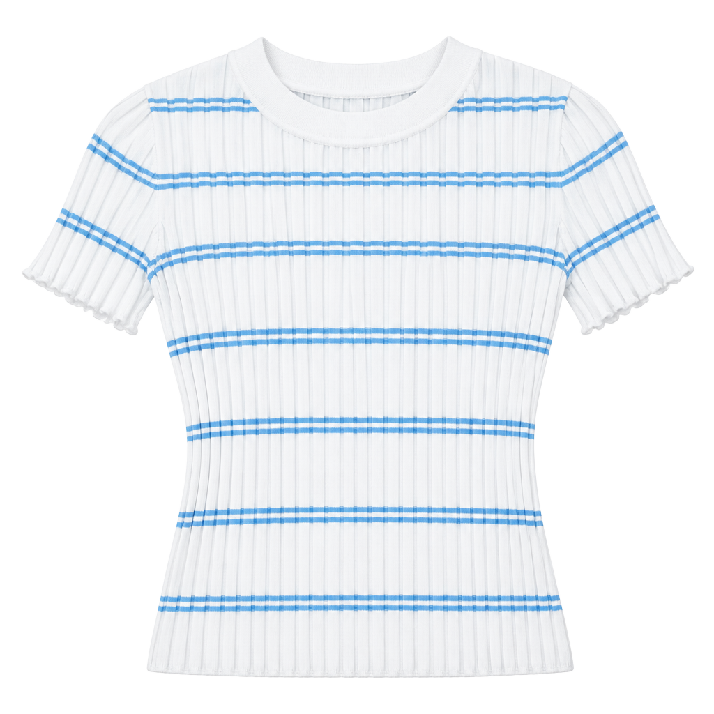 Happily Grey Women’s Ribbed Striped Short Sleeve Sweater White Blue Large 1