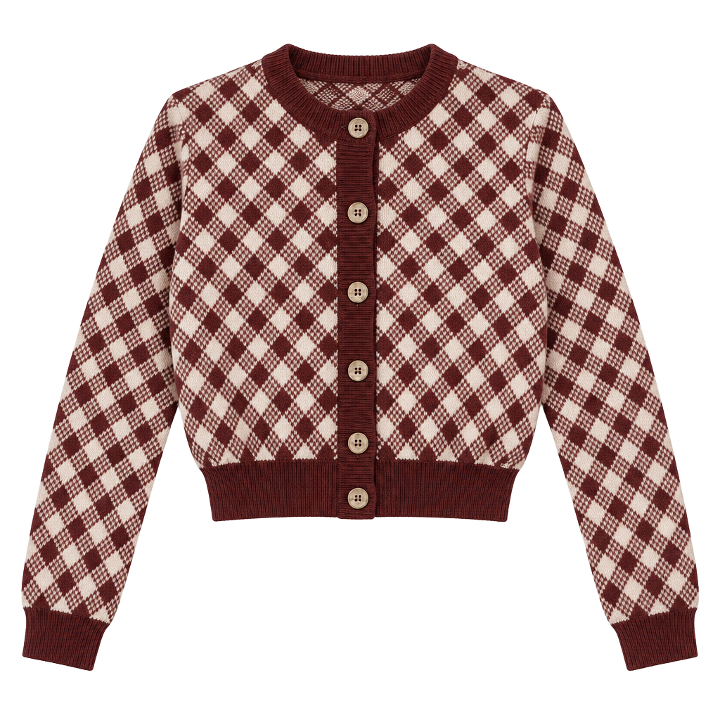 Cotton Candy LA Women’s Cardigan Sweater Brown Argyle Cropped Size Large 1